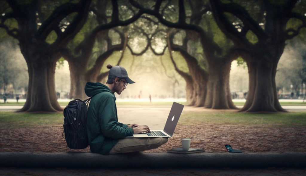 un uomo sta programmando un sito web con il portatile in un parco.