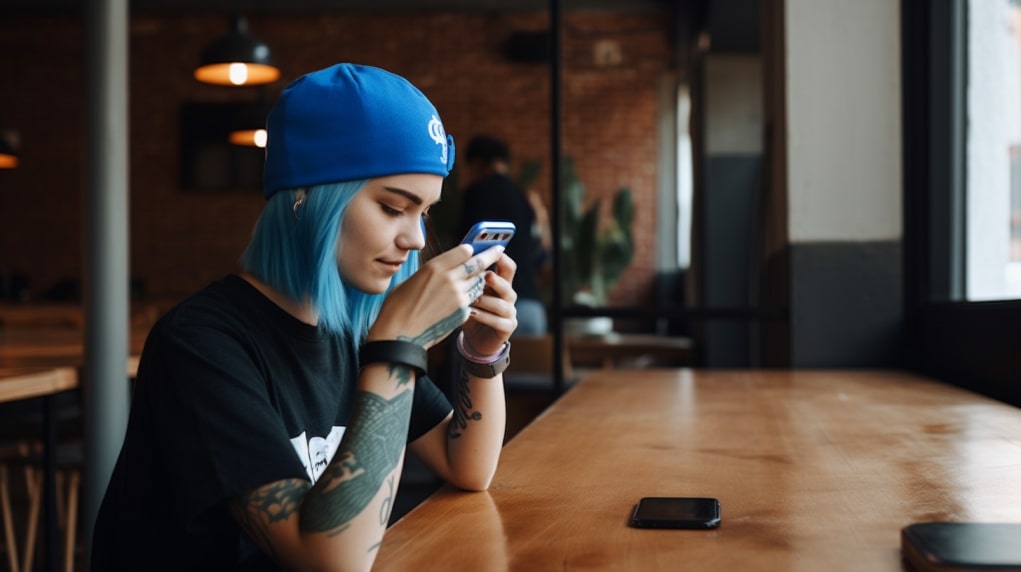 una influencer controlla il feed di Instagram in un moderno caffè