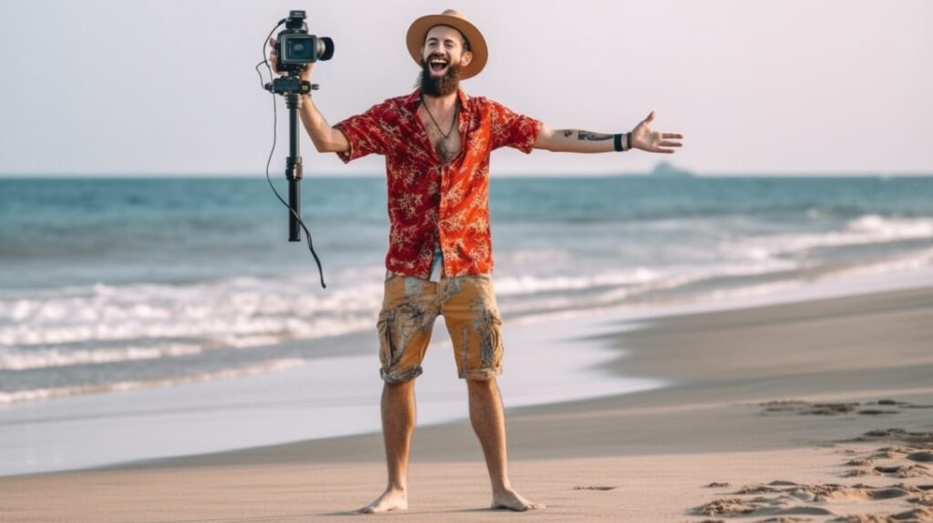 un influencer sta facendo un reel per instagram con argomento spiaggia mare e vacanza viaggio