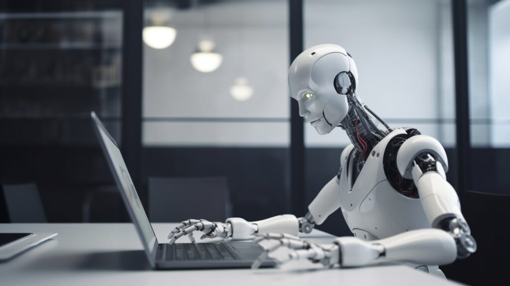 un robot bianco ultramoderno scrive sul suo macbook