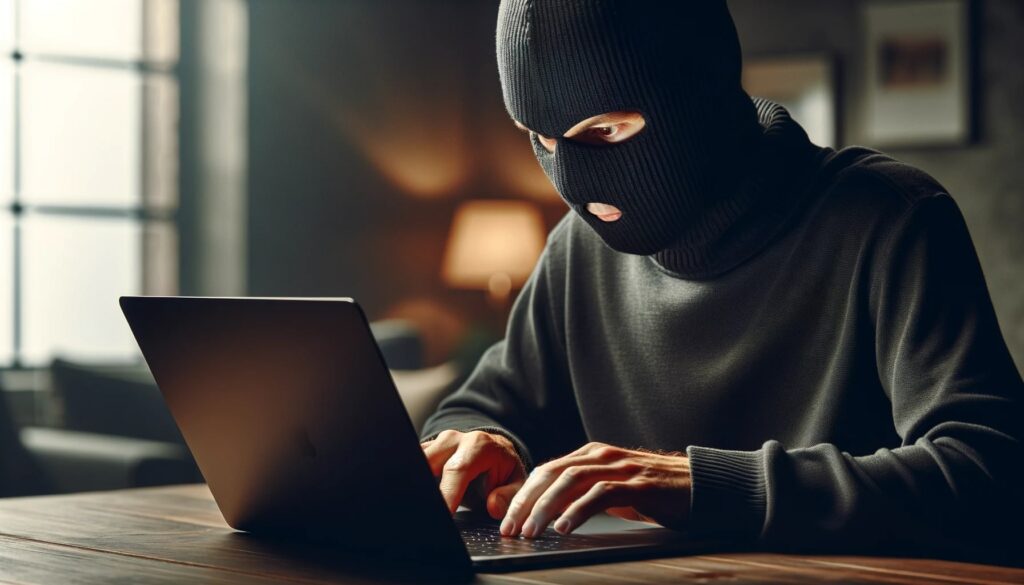 Immagine di un uomo anonimo con passamontagna che digita su un laptop senza marchio in una stanza buia, simbolo di privacy e sicurezza informatica